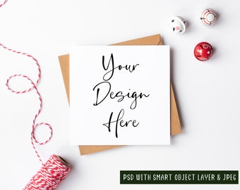 Square Christmas Card Mockup, PSD Smart Object Digital Mock-up, Festive Holiday Season Portrait Mock Up With Bells & Twine, JPEG Download