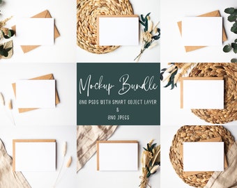 8No. Maquetas de tarjetas de felicitación en blanco horizontal, maquetas PSD con capa de objetos inteligentes y descarga JPEG, paquete de maquetas digitales Boho