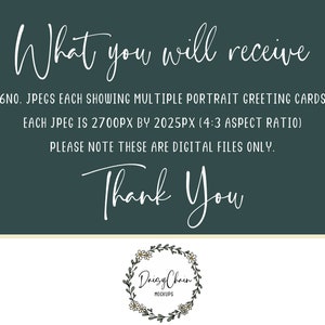 K&ouml;nnte beinhalten: Ein digitaler Download von 6 Portrait-Gru&szlig;karten-Mockups. Jedes Mockup ist 2700 Pixel breit und 2025 Pixel hoch, mit einem Seitenverh&auml;ltnis von 4:3. Der Text auf dem Bild lautet "What you will receive 6NO. JPEGS EACH SHOWING MULTIPLE PORTRAIT GREETING CARDS EACH JPEG IS 2700PX BY 2025PX (4:3 ASPECT RATIO) PLEASE NOTE THESE ARE DIGITAL FILES ONLY. Thank You Daisy Chain MOCKUPS"