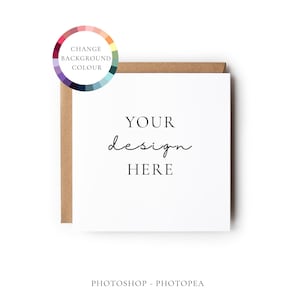 Minimaal vierkant wenskaartmodel met veranderlijke achtergrondkleur, PSD-mockup met slimme objectlaag, mock-up downloaden, pdf-gebruikershandleiding