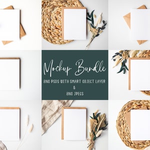 8No. Maquetas de tarjetas de felicitación blancas con sobre Kraft, maquetas PSD con capa de objeto inteligente y descarga JPEG, paquete de maquetas digitales Boho
