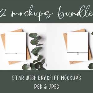 2No. Star Wish Armband Mockups mit Kraft Umschlag, Karten Mock-up Bundle, PSD mit Smart Object Layer & JPEG Digital Mock Up Download