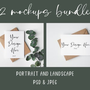 2No. Maquetas de tarjetas de felicitación blancas con sobre Kraft, paquete de maquetas de 5x7, PSD con capa de objeto inteligente y descarga de maquetas digitales JPEG