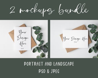 2Nr. Weiße Grußkarte Mockups mit Kraft Umschlag, 5x7 Mock-up Bundle, PSD mit Smart Object Layer & JPEG Digital Mock Up Download