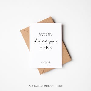 Minimal UK A6 Greeting Card Mockup With Diagonal Kraft Envelope, PSD Smart Object Layer and JPEG Digital Mock-up Download