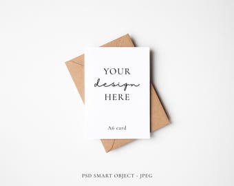 Minimal UK A6 Greeting Card Mockup With Diagonal Kraft Envelope, PSD Smart Object Layer and JPEG Digital Mock-up Download
