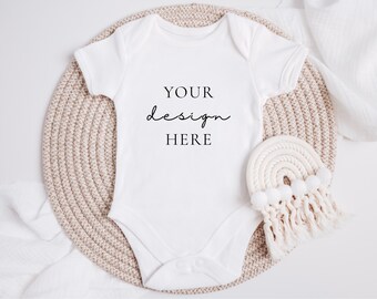 Minimal Baby Vest Bodysuit Mockup, White Vest Mock Up Macrame Rainbow, Babygrow Neutrals Mock Up Styled Photography, JPEG Digital Mock-up