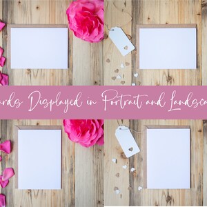 May include: Four blank white cards displayed on a wooden surface with pink flower petals and a brown paper tag with a heart. Two cards are in portrait orientation and two cards are in landscape orientation. The text "Cards Displayed in Portrait and Landscape" is displayed on a pink banner.
