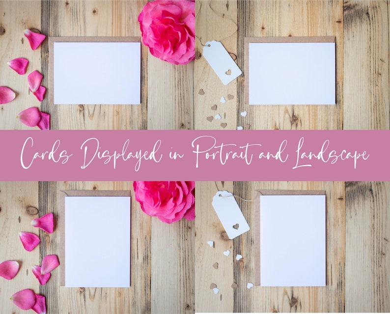 May include: Four blank white cards displayed on a wooden surface with pink flower petals and a brown paper tag with a heart. Two cards are in portrait orientation and two cards are in landscape orientation. The text "Cards Displayed in Portrait and Landscape" is displayed on a pink banner.