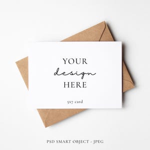 Minimal 7x5 Greeting Card Mockup With Diagonal Kraft Envelope, PSD Smart Object Layer and JPEG Digital Mock-up Download