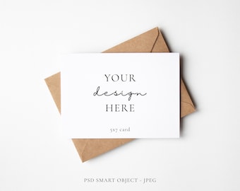 Minimal 7x5 Greeting Card Mockup With Diagonal Kraft Envelope, PSD Smart Object Layer and JPEG Digital Mock-up Download