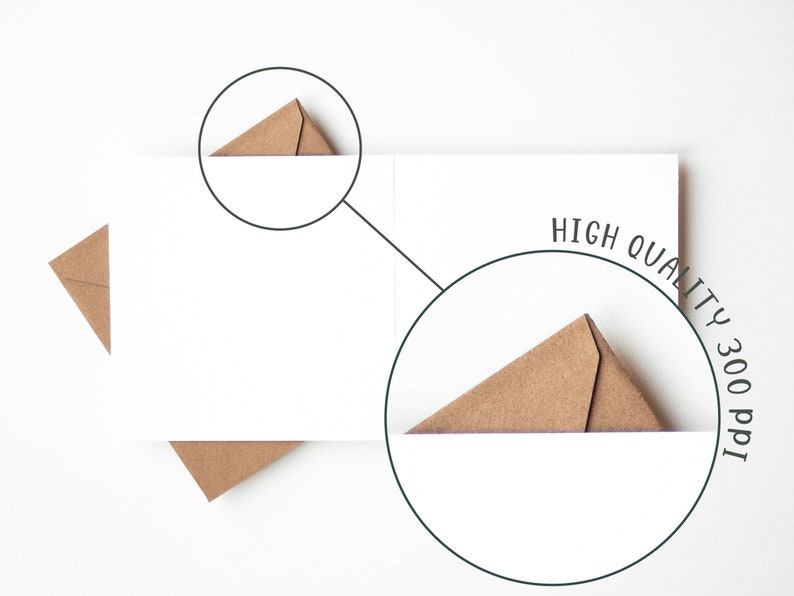 May include: A white card with two brown paper envelopes folded into triangles. The card has the text "HIGH QUALITY 300 PPI" written on it.