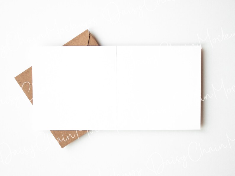 May include: A blank white card with a brown envelope on top of it. The card is lying flat on a white surface.