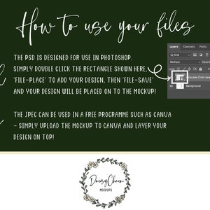 K&ouml;nnte beinhalten: Ein gr&uuml;ner Hintergrund mit wei&szlig;em Text, der erkl&auml;rt, wie man PSD- und JPEG-Dateien f&uuml;r Mockups verwendet. Der Text enth&auml;lt Anweisungen zur Verwendung von Photoshop und Canva. Das Bild zeigt auch eine Nahaufnahme eines Photoshop-Fensters mit einem Rechteck, auf dem "Doppelklicken Sie hier, um Ihr Design hinzuzuf&uuml;gen" steht.