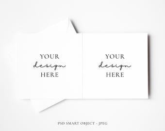 Minimal Square Open Card Mockup With White Envelope, Display Message Inside Card, PSD Smart Object Layer and JPEG Digital Mock-up Download