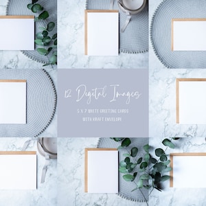12Non. Maquettes de cartes de voeux blanches avec enveloppe Kraft, maquette numérique de carte d'anniversaire 5x7, faire-part de mariage maquette JPEG Télécharger Bundle
