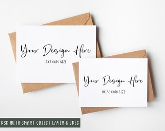 Multiple Greeting Card Mockup Landscape, 7x5 & A6 Sized Overlain Card Mock Up, PSD Smart Object Layer and JPEG Digital Mock-up Download