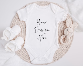 Baby Vest Bodysuit Mockup, White Onesie Mock Up, Baby Romper Flat Lay, Babygrow Neutrals Mock Up Styled Photography, JPEG Digital Mock-up