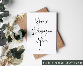 5x7 White Greeting Card Mockup Kraft Envelope, PSD Smart Object Digital Mock-up, Boho Birthday Card Wedding Invitation Mock Up JPEG Download