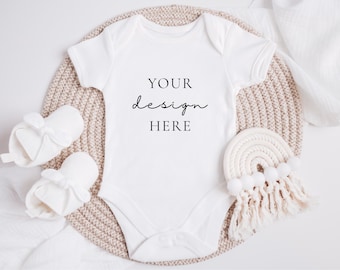 White Baby Vest Mockup, Babygrow Mock Up, Baby Romper Babygrow Neutrals Mock Up Styled Photography, JPEG Digital Mock-up, Instant Download