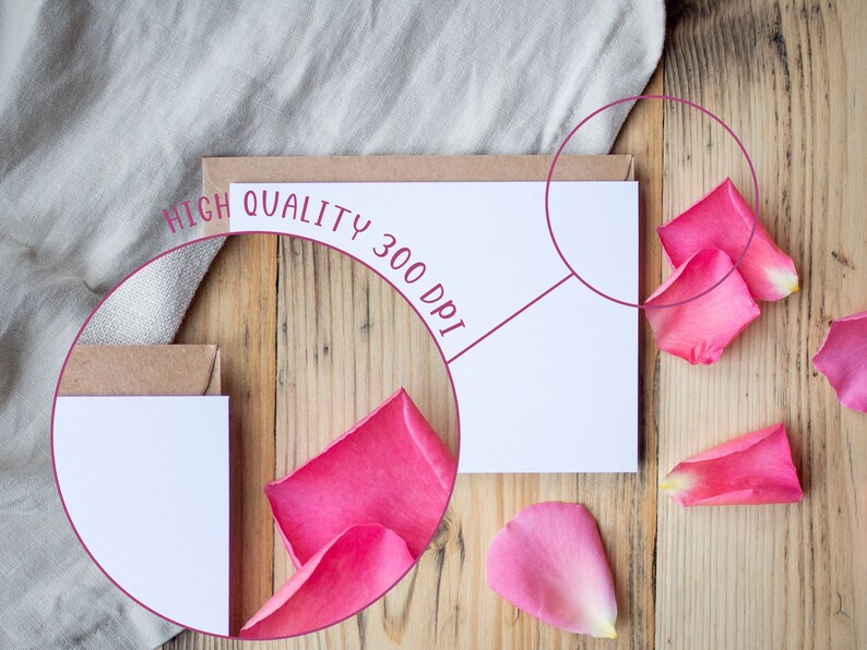 May include: A blank white card with a brown envelope on a wooden surface. The card is surrounded by pink rose petals. The text "HIGH QUALITY 300 DPI" is written in a circle around the card.