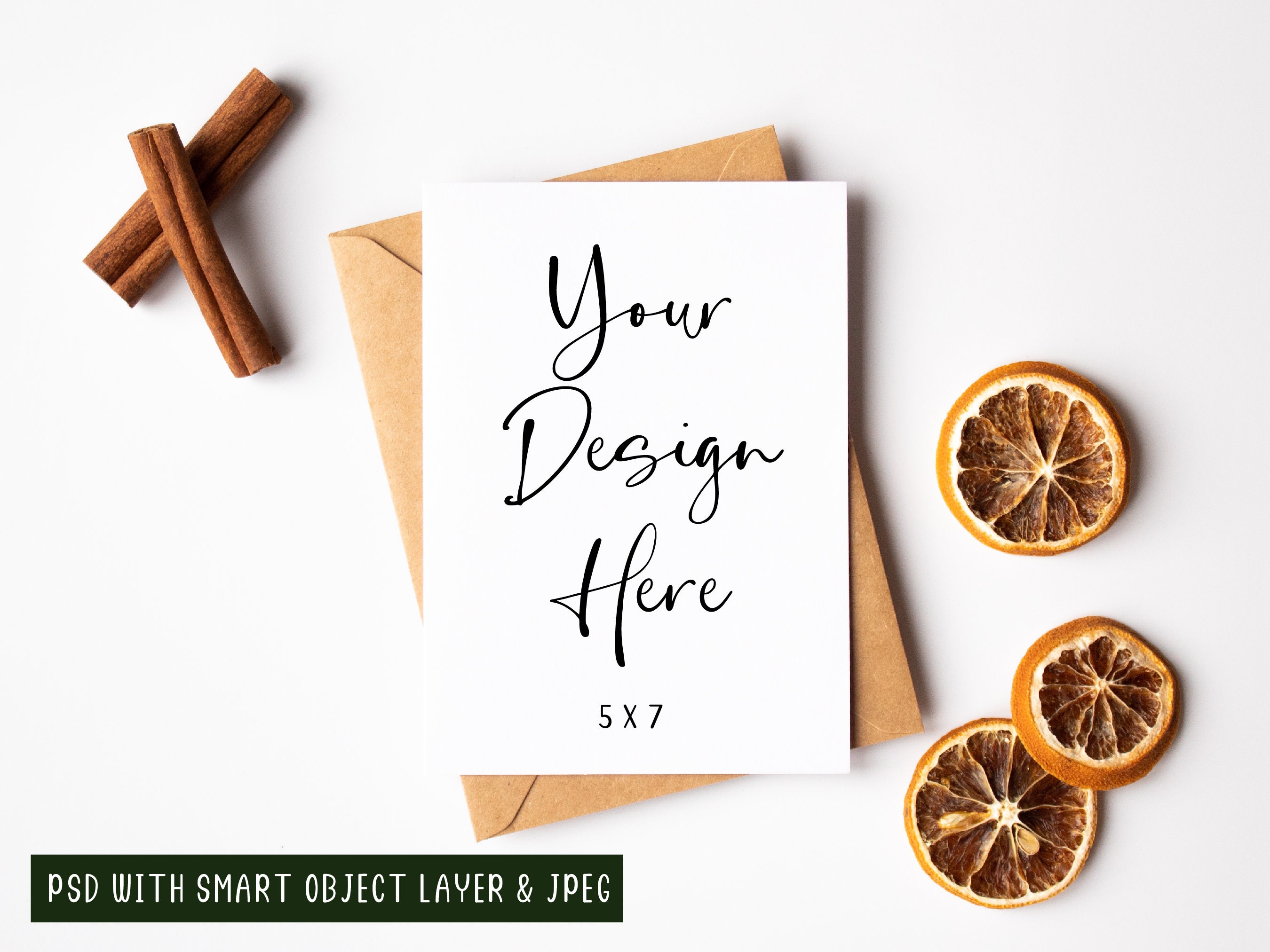 5x7 Christmas Card Mockup, PSD Smart Object Digital Mock-up, Festive Holiday Season Portrait Mock Up With Orange & Cinnamon, JPEG Download