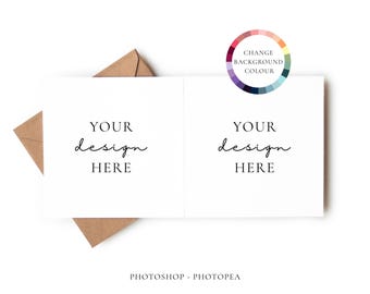 Mockup di biglietto quadrato aperto minimale con colore di sfondo modificabile: PSD personalizzabile con livello oggetto avanzato Download digitale