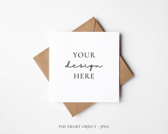 Minimal Square Greeting Card Mockup, Kraft Envelope (PSD & JPEG)