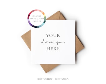Square Greeting Card Mockup, Angled Envelope, Changeable Background (PSD Download)