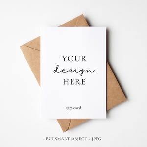 Minimal 5x7 Greeting Card Mockup With Portrait Diagonal Kraft Envelope, PSD Smart Object Layer and JPEG Digital Mock-up Download