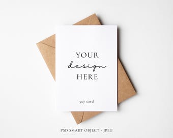 Minimal 5x7 Greeting Card Mockup With Portrait Diagonal Kraft Envelope, PSD Smart Object Layer and JPEG Digital Mock-up Download