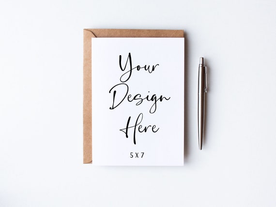 5x7 White Greeting Card Mockup With Kraft Envelope, Modern Minimal Digital Mock-up, Portrait Birthday Invitation Mock Up, JPEG Download