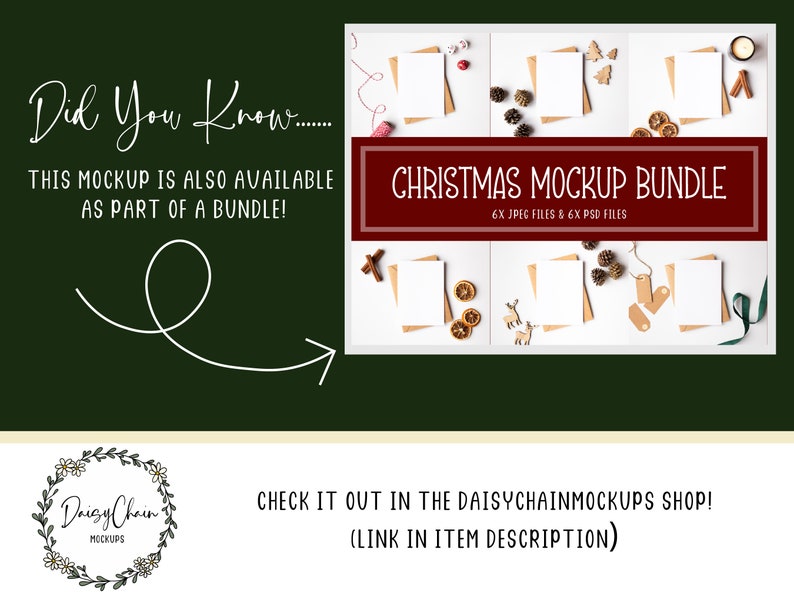 K&ouml;nnte beinhalten: Ein Weihnachts-Mockup-Paket mit 6 JPEG- und 6 PSD-Dateien. Das Bild zeigt eine flache Anordnung von wei&szlig;en Karten mit Umschl&auml;gen, Tannenzapfen, Zimtstangen, getrockneten Orangen und anderen festlichen Dekorationen.