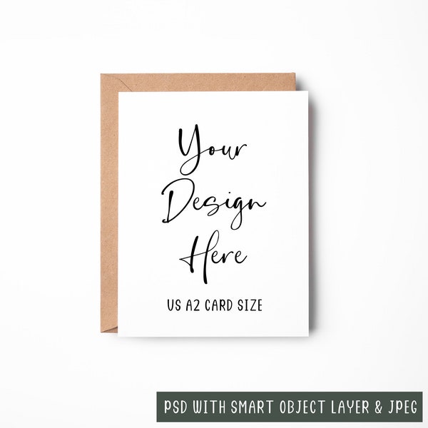 Minimal US A2 (4.25 x 5.5 inch) Greeting Card Mockup With Portrait Kraft Envelope, PSD Smart Object Layer and JPEG Digital Mock-up Download