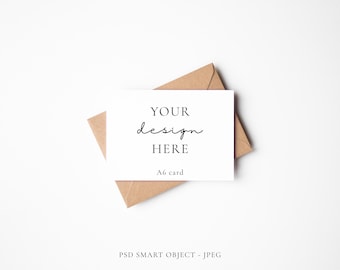 Minimal UK A6 Greeting Card Mockup in Landscape With Diagonal Kraft Envelope, PSD Smart Object Layer and JPEG Digital Mock-up Download