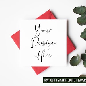 Mockup quadrato della cartolina di Natale con busta rossa, PSD Smart Object Digital Mock-up, Mock Up festivo delle festività natalizie, JPEG Download
