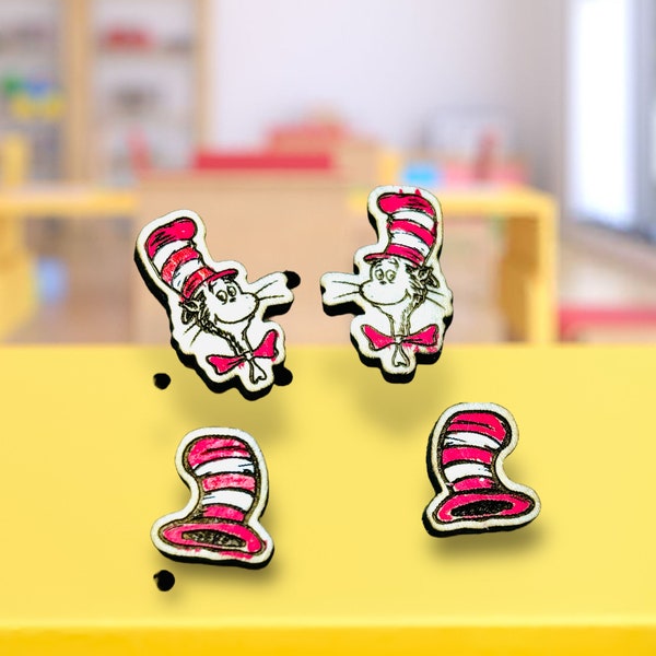 Cat in the Hat wooden hand painted stud earrings set. NBC movie characters, handmade, stainless Steel stud, Dr. Seuss, children or adult