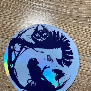 Alice and Cheshire Cat holographic printed sticker