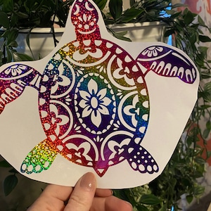 Rainbow Vinyl Sea Turtle Sticker, Holographic mandala Decal, Laptop Decal, Car Decal, Tropical Theme