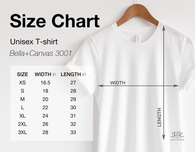 May include: Size chart for a unisex t-shirt, showing measurements in inches for width and length. The chart includes sizes XS through 3XL. The t-shirt is white and is shown on a hanger.