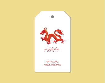 Year of the Dragon Gift Tag, 4 Inch Medium Hang Tag, Red Dragon, Personalized Gift Wrap