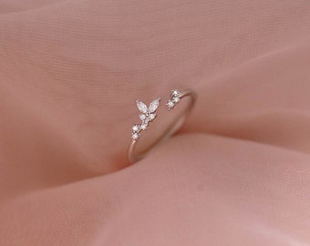 Floral Cherry Blossom Wrap Around Ring - Adjustable Gem Ring - Butterfly Stone Silver Ring - Elegant Silver Stacker Ring