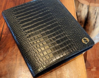 Black A4 Croc Leather Padfolio Cover | PU Vegan Leather Planner | Refillable A4 Pad Cover