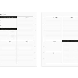 Op de afbeelding: Een zwart-witte maandelijkse planner met een sectie voor topprioriteiten, gewoontes en notities en idee&euml;n. De planner is verdeeld in dagen van de week, met secties voor maandag, dinsdag, woensdag, donderdag, vrijdag, zaterdag en zondag.