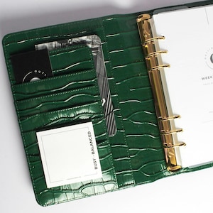 Green Croc Leather A5 Planner Cover | Refillable 6-Ring A5 Binder I Croco Vegan Patent Leather image 3