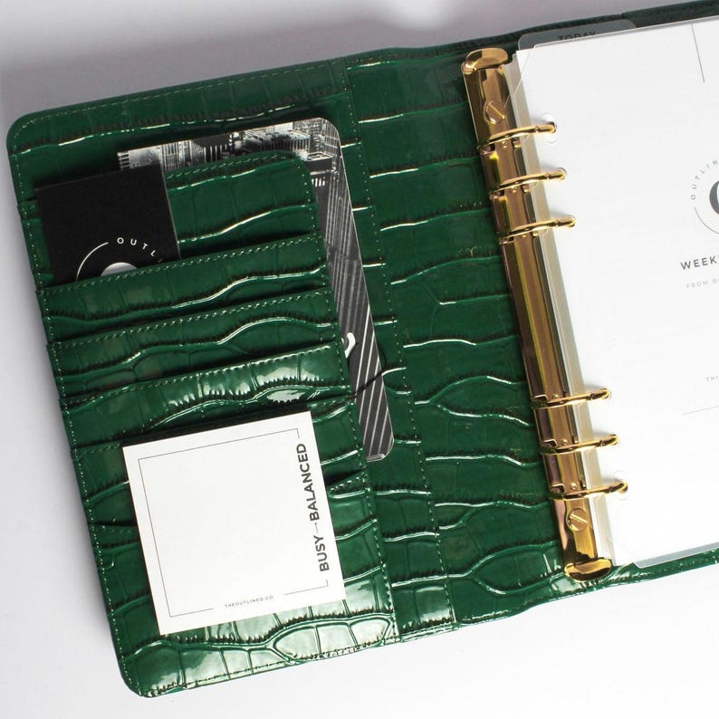 Green Croc Leather A5 Planner Cover | Refillable 6-Ring A5 Binder I Croco Vegan Patent Leather image 3