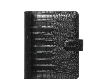 Personal-Wide Black Croc Planner Cover | Premium Vegan Leather Ring Binder | Gold or Silver Rings