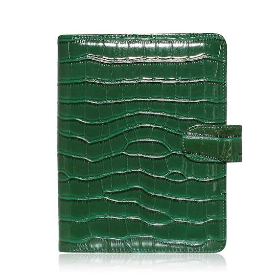 Green Croc Leather A5 Planner Cover | Refillable 6-Ring A5 Binder I Croco Vegan Patent Leather