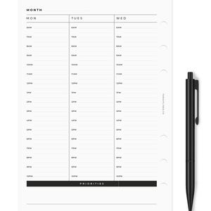 May include: A white planner page with a black pen. The planner is divided into columns for Monday, Tuesday, and Wednesday, with hourly time slots from 6 AM to 10 PM. The word "MONTH" is at the top, and "PRIORITIES" at the bottom. The pen is black.