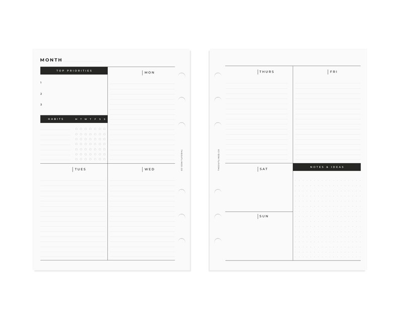 Op de afbeelding: Een zwart-witte maandelijkse planner met een sectie voor topprioriteiten, gewoontes en notities en idee&euml;n. De planner is verdeeld in dagen van de week, met secties voor maandag, dinsdag, woensdag, donderdag, vrijdag, zaterdag en zondag.